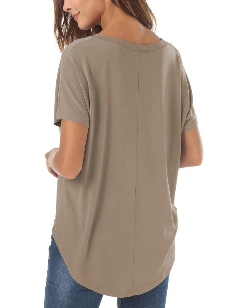 Herou Summer Short Sleeve High Low Loose Tops for Girls Oversized Basic Tops T Shirt Light Coffee Large - Image 3